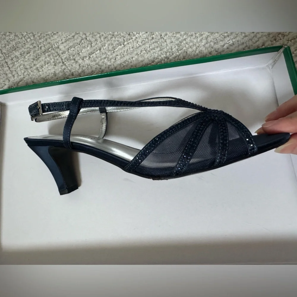 David Tate Navy Satin Open-Toe Crystal Slingback Heels - Picture 9 of 10